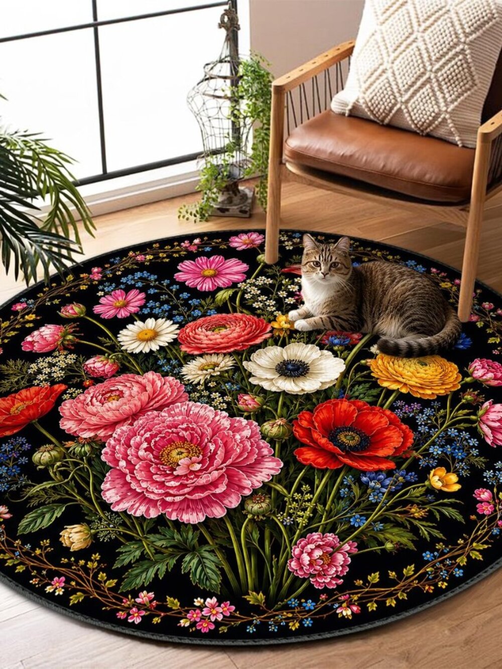 Vintage Floral Round Area Rug 4ft, Colorful Botanical Flower Bouquet Circle
